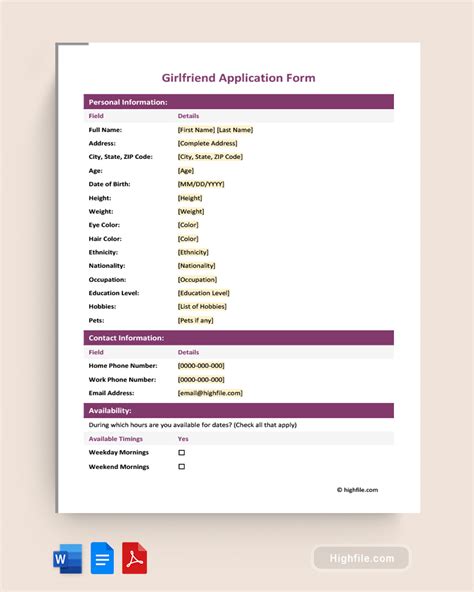 girlfriend application form|Girlfriend Application Forms in Google Docs, PDF and Word